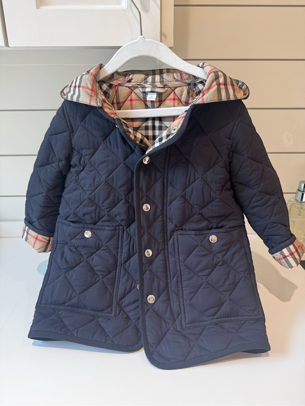 Burberry Navy Quilted Kids Hooded Puffer with Signature Check Lining